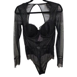 Victoria's Secret Chantilly Black Long Sleeve Lace & Sheer Bodysuit Underwire Si